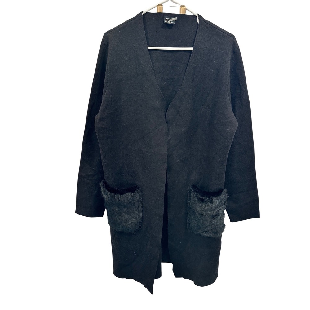 LOVE TOKEN Women Black Faux Fur Pocket‎ Cardigan Duster Sweater Knit L